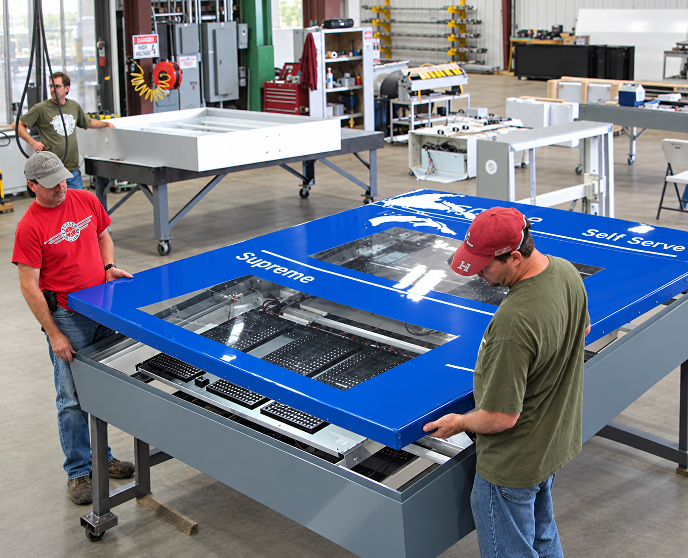 Headrick fabricators positioning a finished sign face