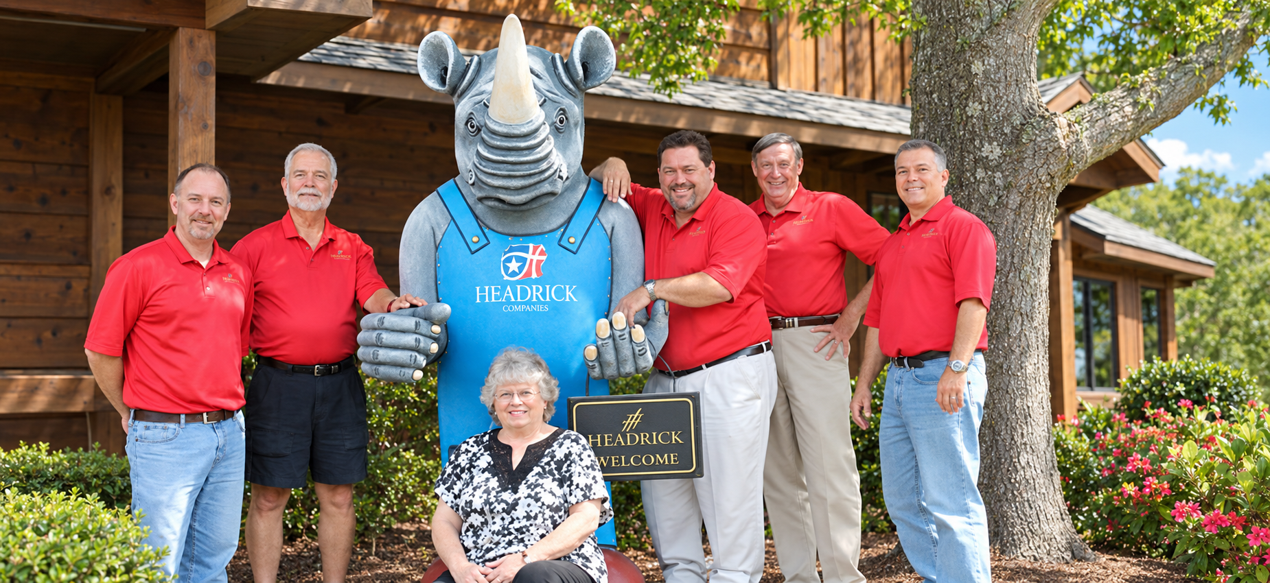Headrick team with the company mascot outside the shop